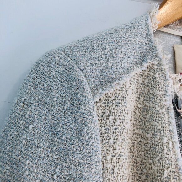 Rebecca‎ Taylor Tweed Jacket Moto Size 6 Frayed Edges Cotton Leather Trim Biker - Picture 6 of 11